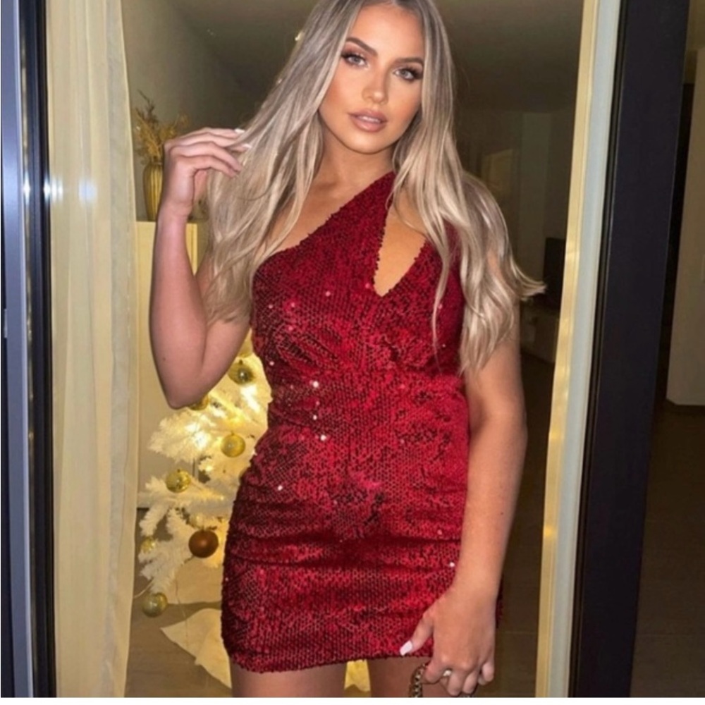 NWOT Zara Red Asymmetrical Sequin Cocktail Dress - Picture 3 of 3